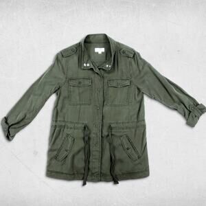 Loft Jacket Wmns S Green Drawstring Waist Stand Up Collar Snaps Military Utility